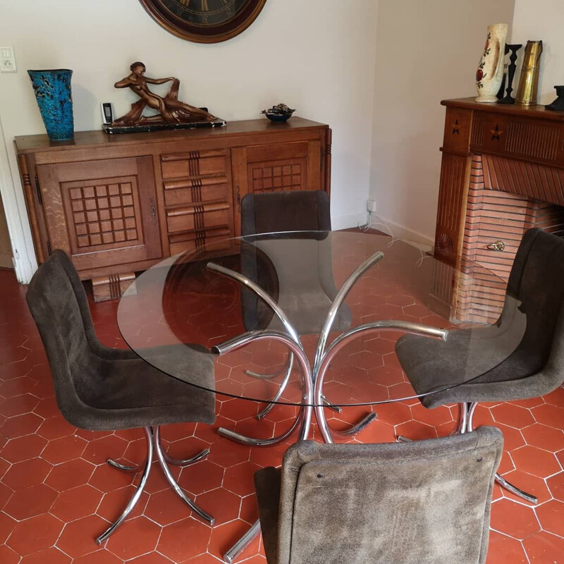 Set of 4 vintage chairs and table in chrome Italy 1970s