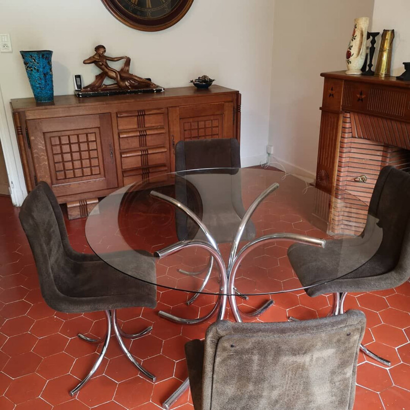Set aus 4 Vintage-Stühlen und Tisch in Chrom Italien 1970