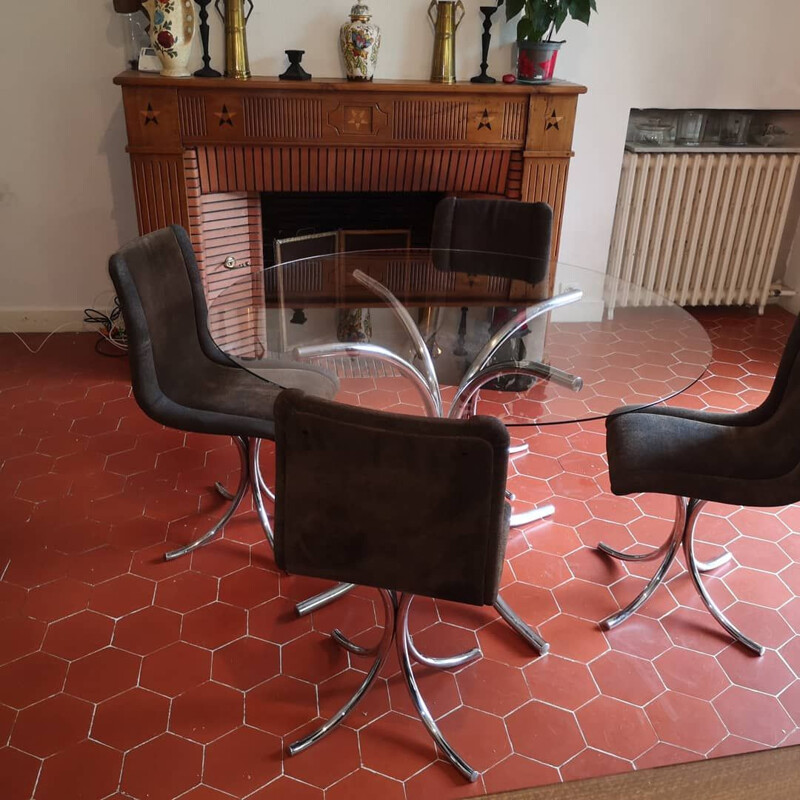 Set of 4 vintage chairs and table in chrome Italy 1970s