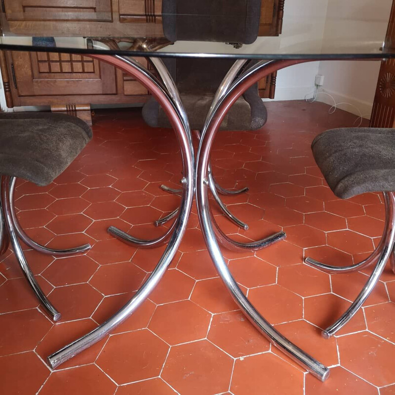Ensemble de 4 chaises et table vintage en chrome  Italie 1970