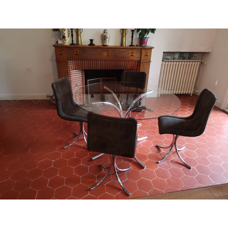 Set of 4 vintage chairs and table in chrome Italy 1970s