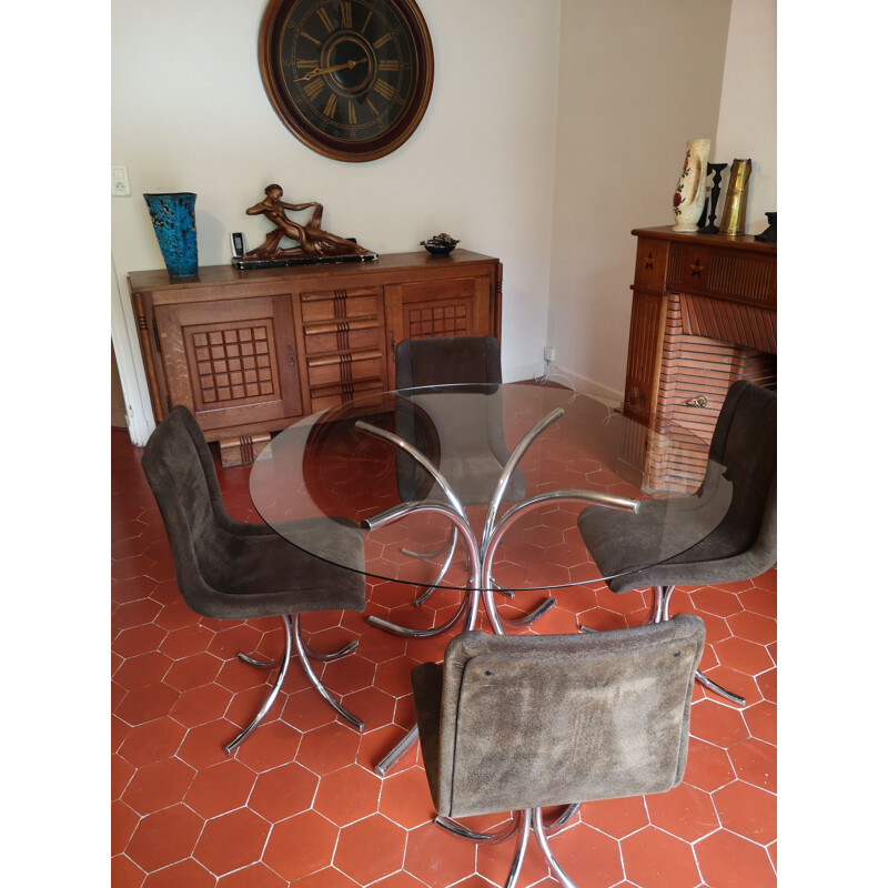 Set of 4 vintage chairs and table in chrome Italy 1970s