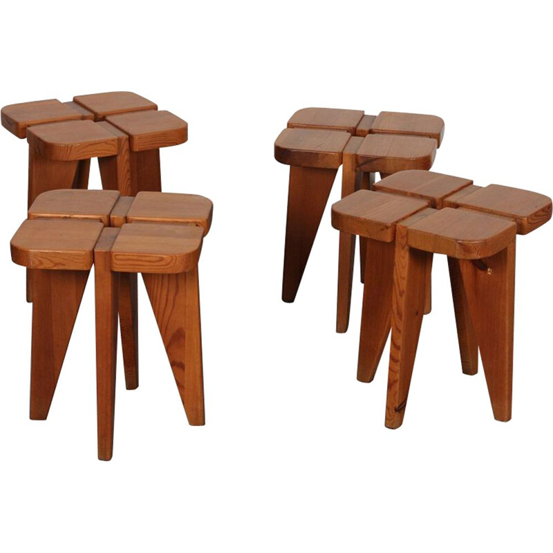 Set of 4 vintage Czech wooden stools 1960s