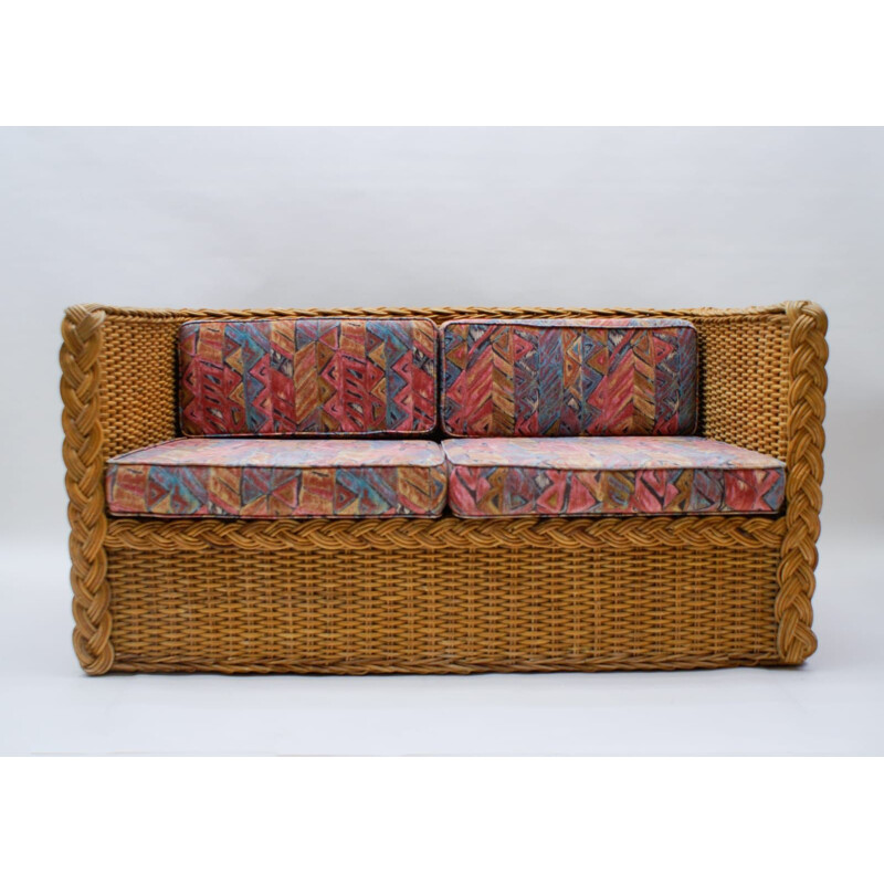 Vintage 2 seater rattan sofa Italy 1970s