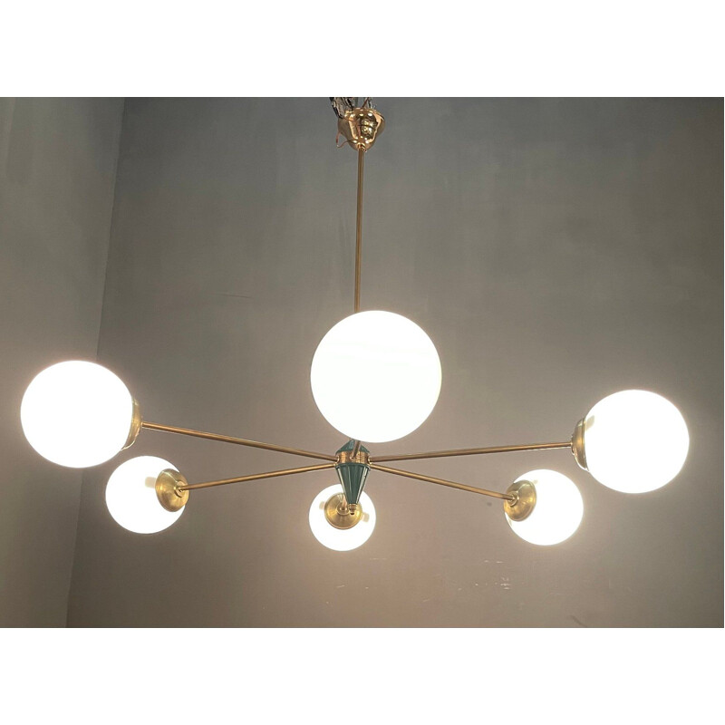 Vintage large sputnik chandelier in opaline glass and brass 1960s