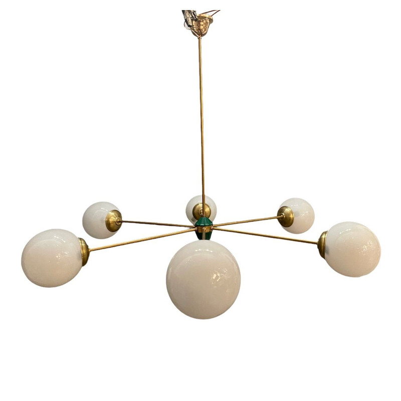 Vintage large sputnik chandelier in opaline glass and brass 1960s