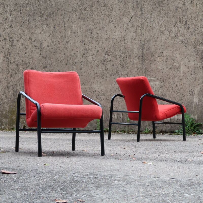Pair of vintage tweed armchairs with multi-ply wood seats Italy, 1980