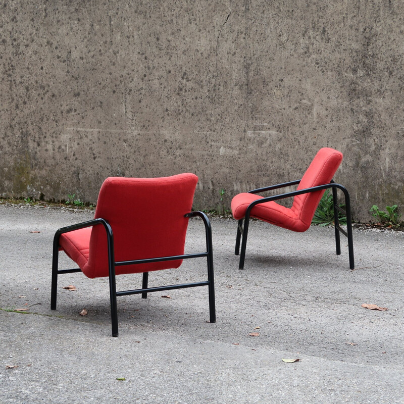 Pair of vintage tweed armchairs with multi-ply wood seats Italy, 1980