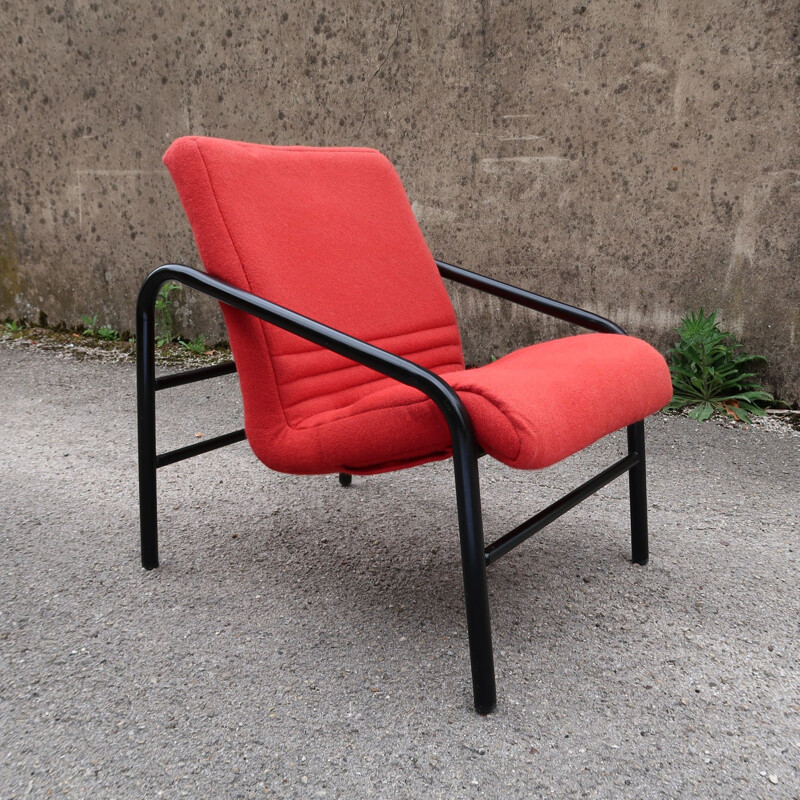 Pair of vintage tweed armchairs with multi-ply wood seats Italy, 1980