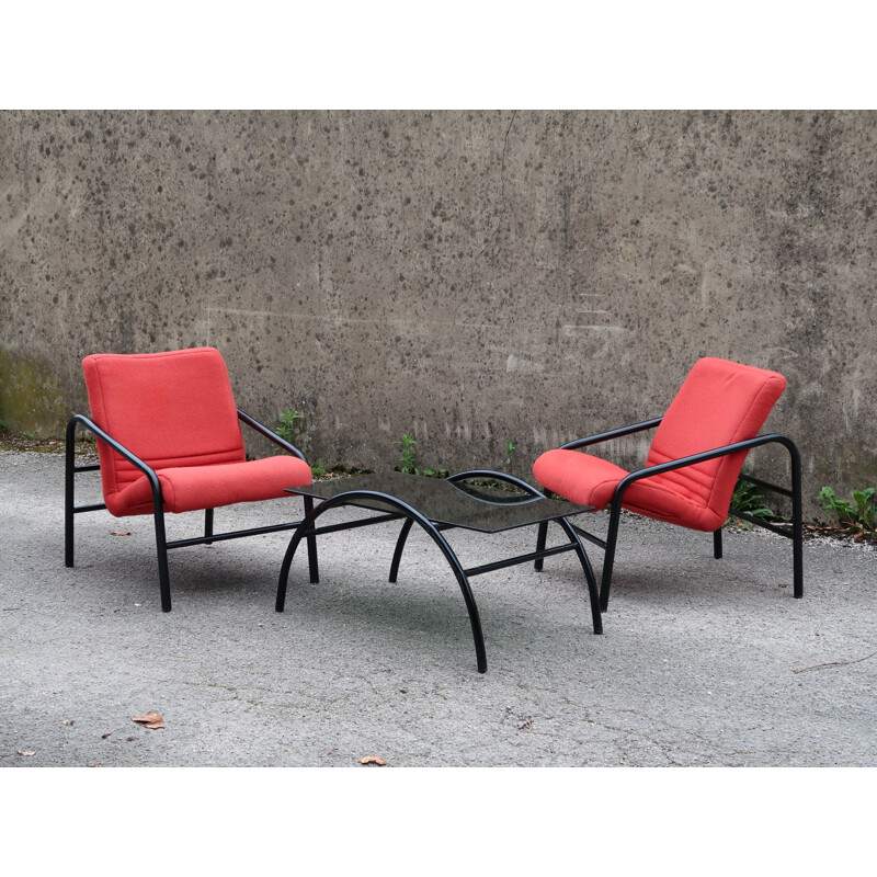 Pair of vintage tweed armchairs with multi-ply wood seats Italy, 1980