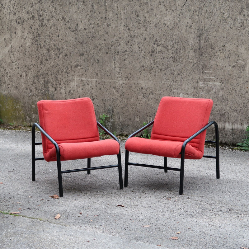 Pair of vintage tweed armchairs with multi-ply wood seats Italy, 1980