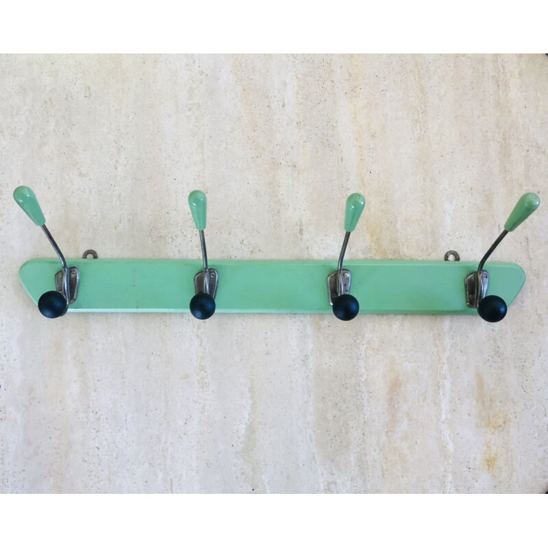 Vintage wall coat rack with 4 almond green wooden hooks 1950s