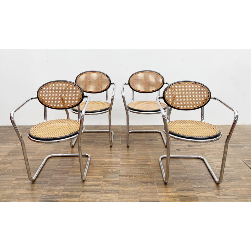Set of 4 mid century italian tubular and caning chairs 1970s