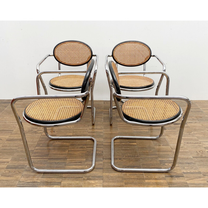 Set of 4 mid century italian tubular and caning chairs 1970s