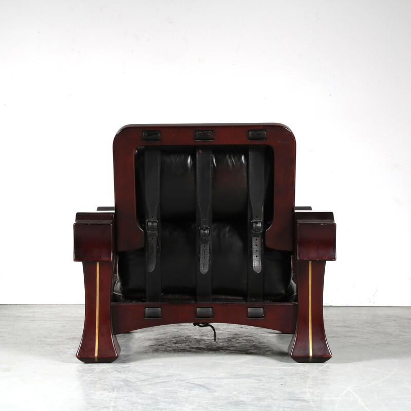 Vintage lounge chair mahogany wood with foot stool by Luciano Frigerio, Italy 1970s