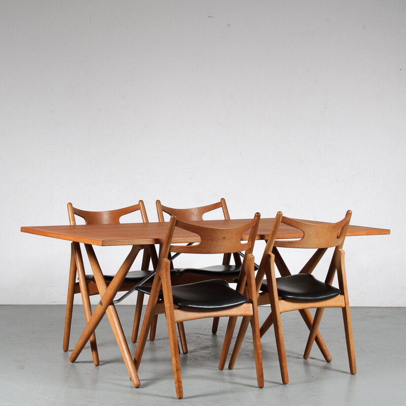 Vintage zaagbok eetkamerset van Hans J. Wegner voor Andreas Tuck, Denemarken 1950