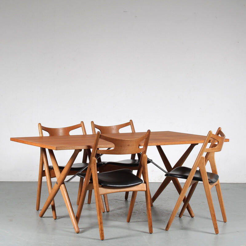 Vintage sawbuck dining room set by Hans J. Wegner for Andreas Tuck, Denmark 1950