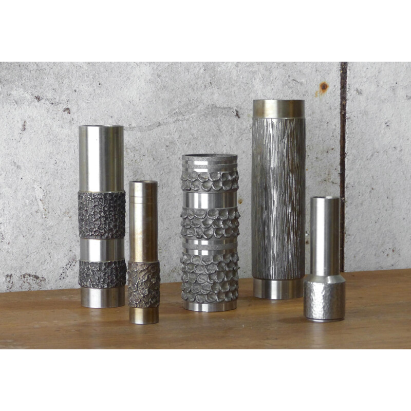 Set of 5 vintage brutalist steel vases in silver color, Germany 1970