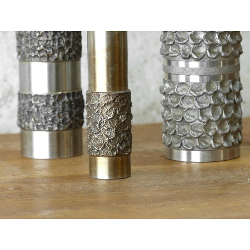 Set of 5 vintage brutalist steel vases in silver color, Germany 1970
