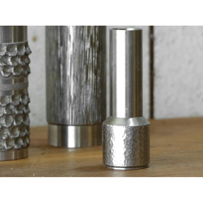 Set of 5 vintage brutalist steel vases in silver color, Germany 1970