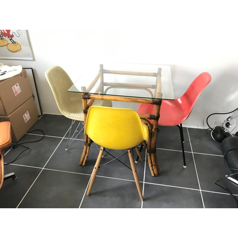 Vintage rattan and glass dining table 1950s