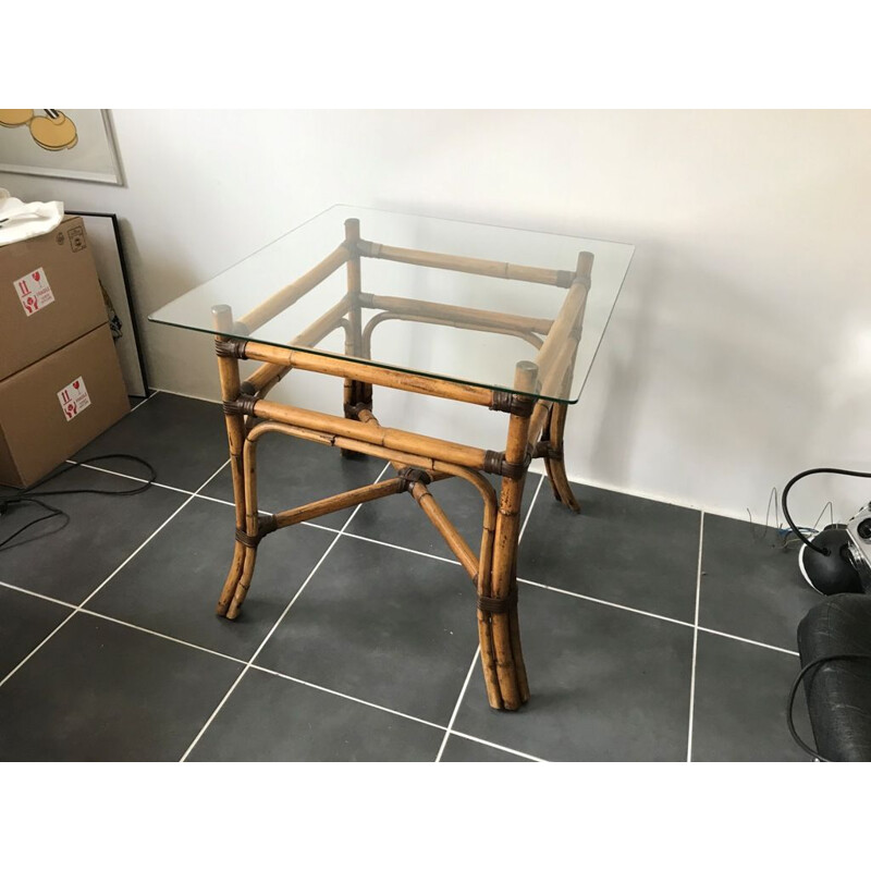 Vintage tafel in rotan en glas 1950