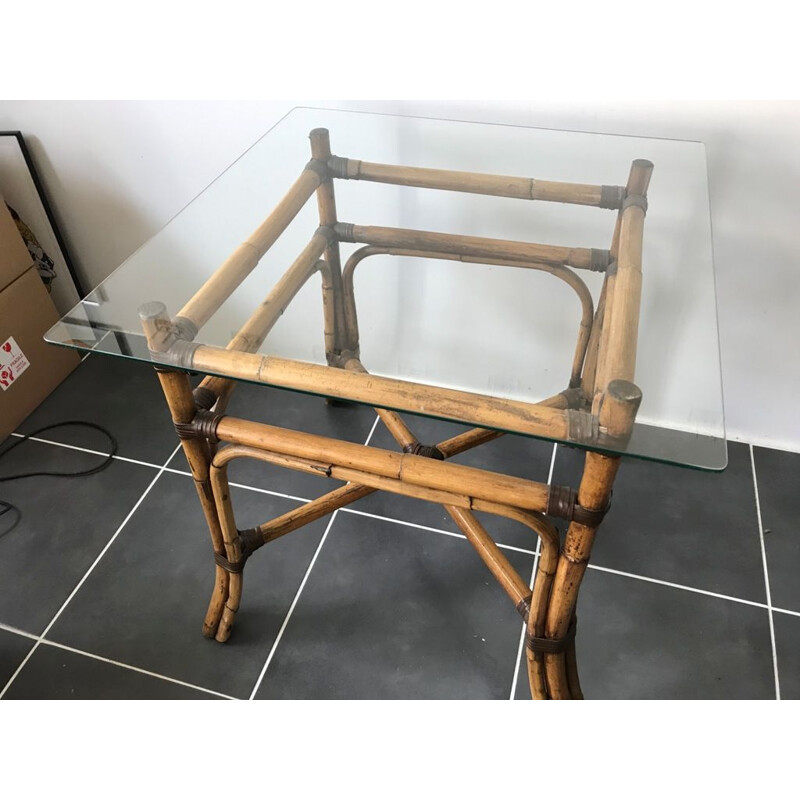 Vintage rattan and glass dining table 1950s