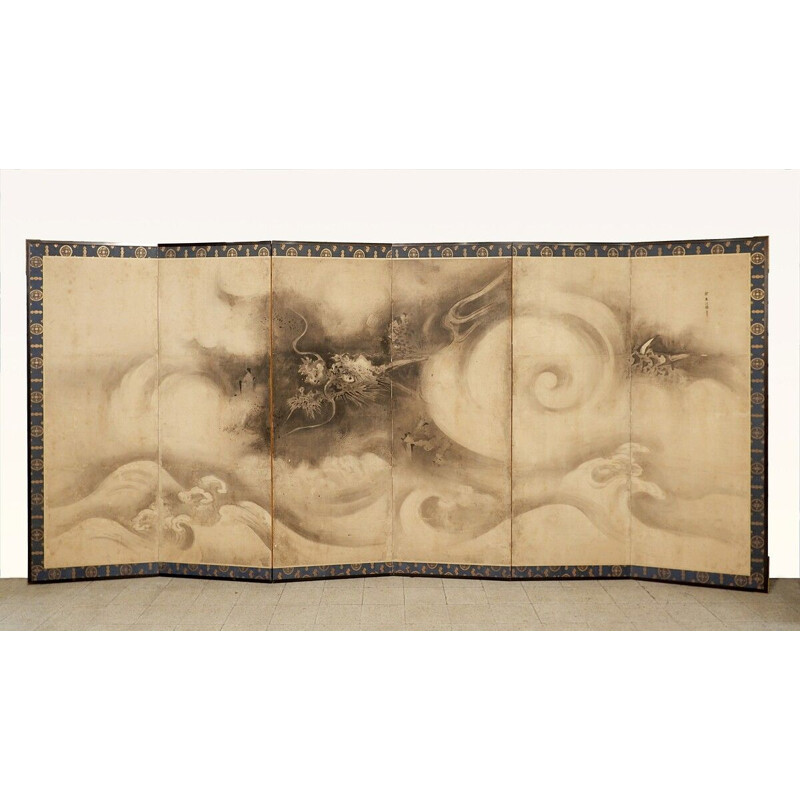 Vintage six-panel screen with leaping tiger and bamboo, 17th century Japan