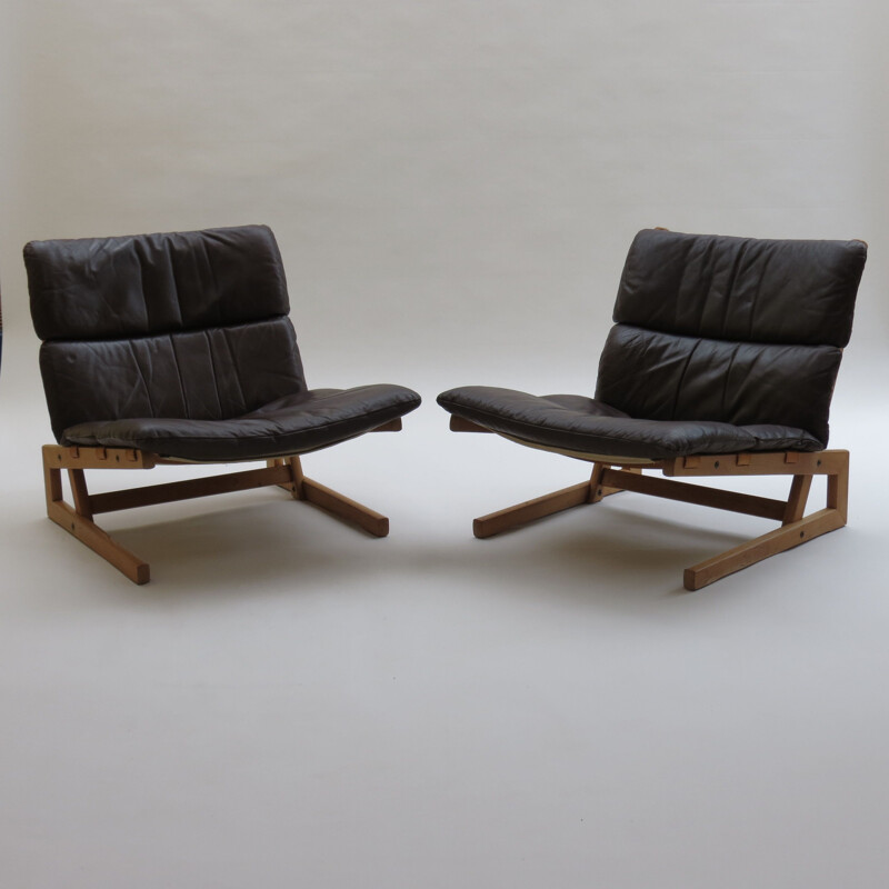 Mid century pair of cantilever oak and leather chairs 1960s