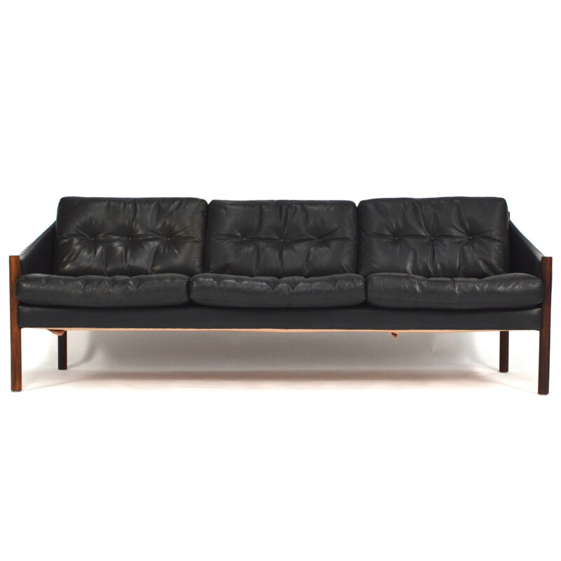 Large 3-seater sofa in rosewood and black leather - 1950s