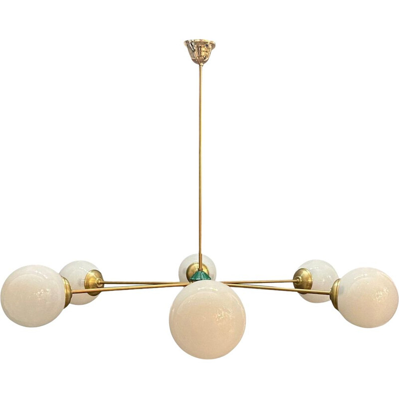 Vintage large sputnik chandelier in opaline glass and brass 1960s