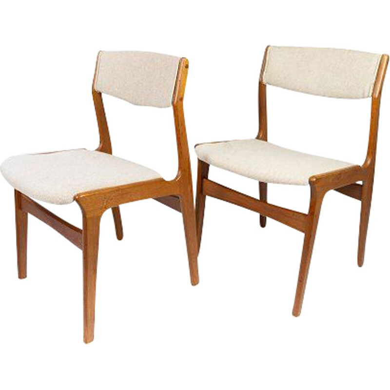 Pair of vintage teak chairs upholstered in light-coloured fabric by Erik Buch 1960s