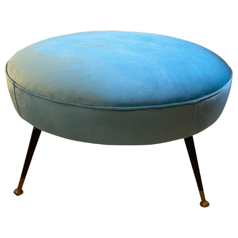 Mid century modern turquoise velvet and brass huge pouf, Italian 1960s