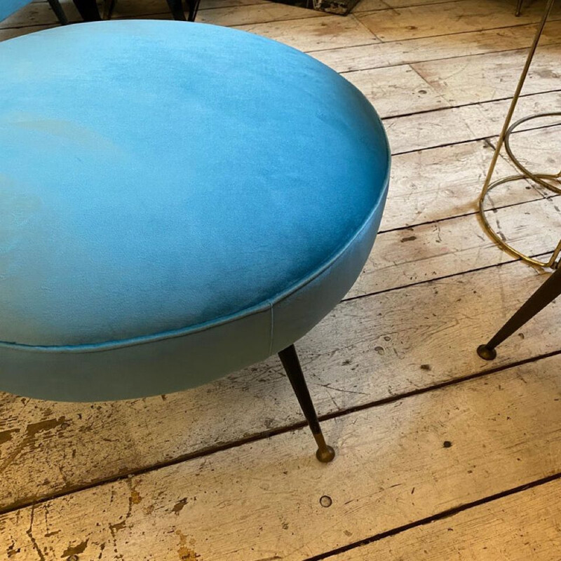 Pouf vintage en velours turquoise et laiton, Italie 1960