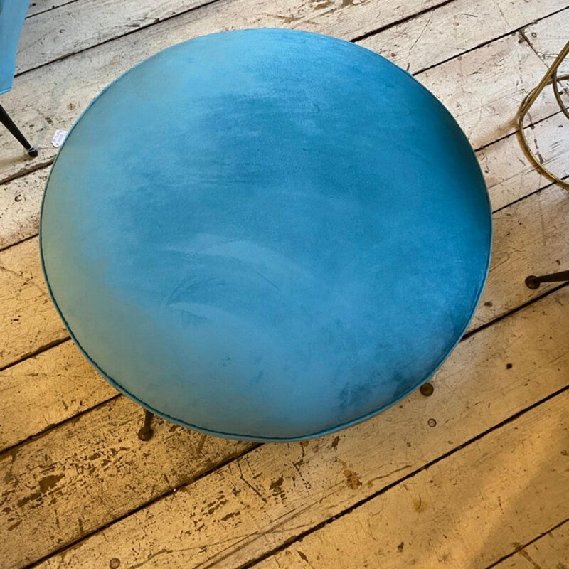 Pouf vintage en velours turquoise et laiton, Italie 1960