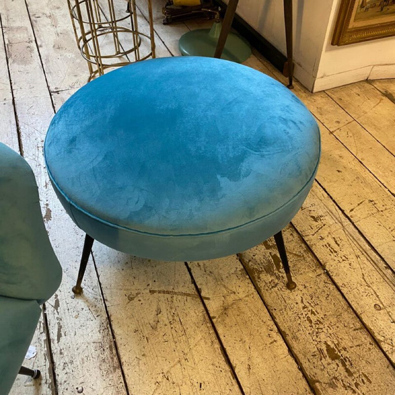 Pouf vintage en velours turquoise et laiton, Italie 1960