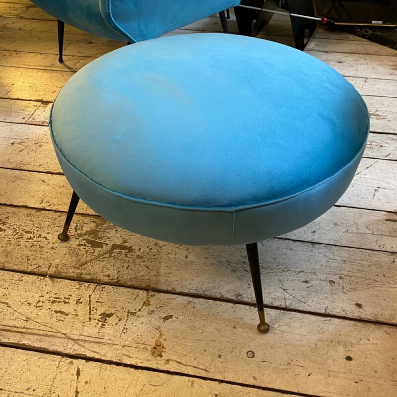 Pouf vintage en velours turquoise et laiton, Italie 1960