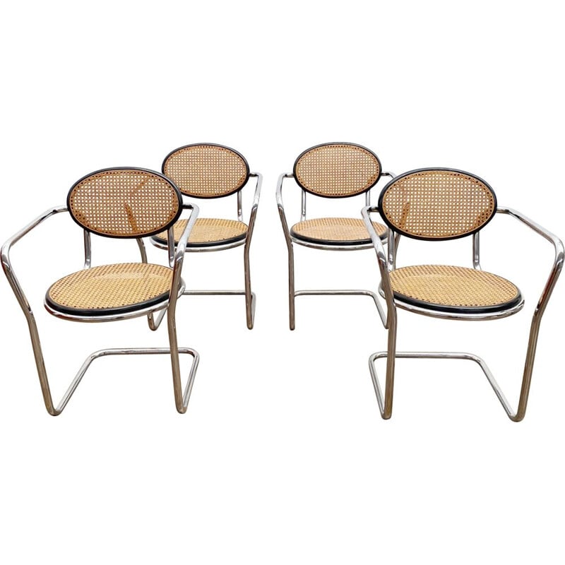 Ensemble de 4 chaises vintage italiennes en tube et cannage 1970