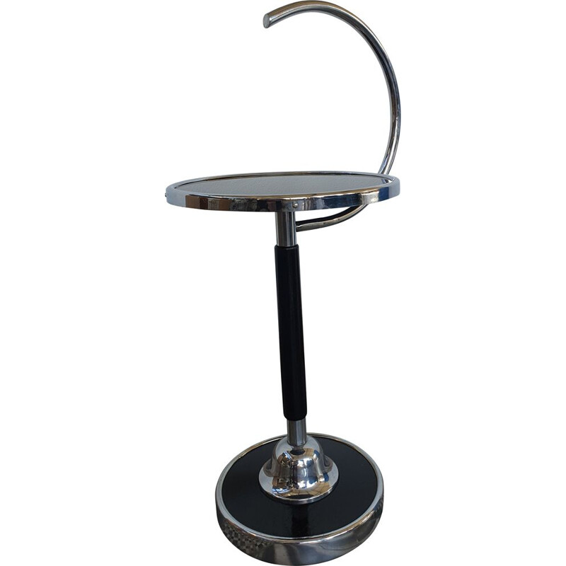  Vintage Art deco side table, black lacquered glas, chrome plated, Czechoslovakia 1930