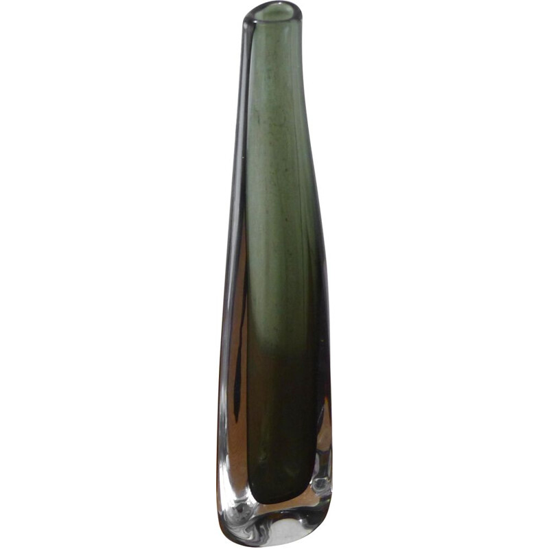 Vase vintage vert bouteille sommerso par Nils Landberg pour Orrefors, Suède1960