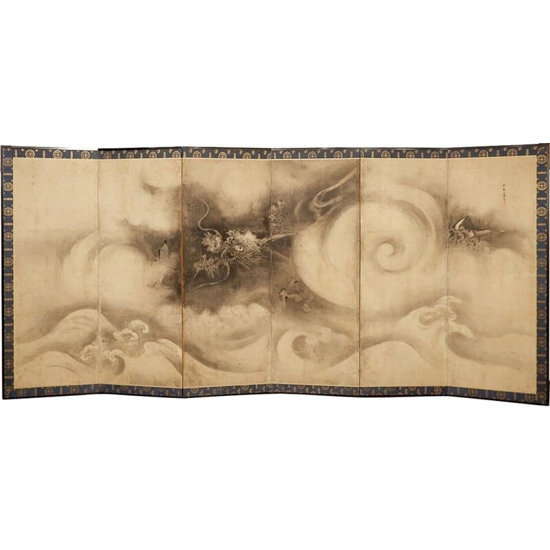 Vintage six-panel screen with leaping tiger and bamboo, 17th century Japan