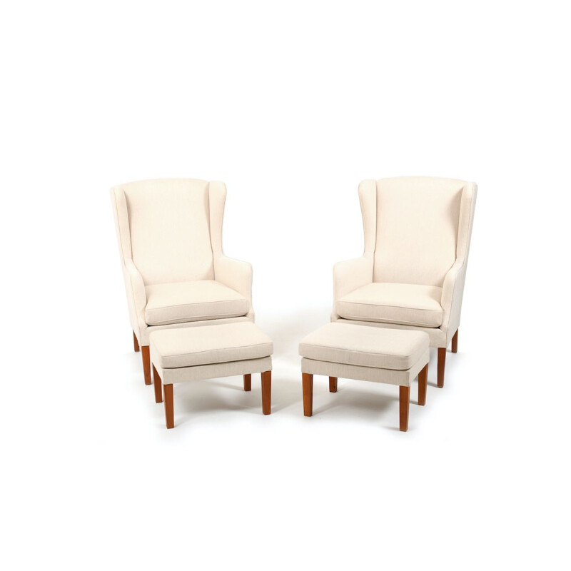 Pair of wingback lounge vintage chairs incl.Ottoman, Danish 1970s