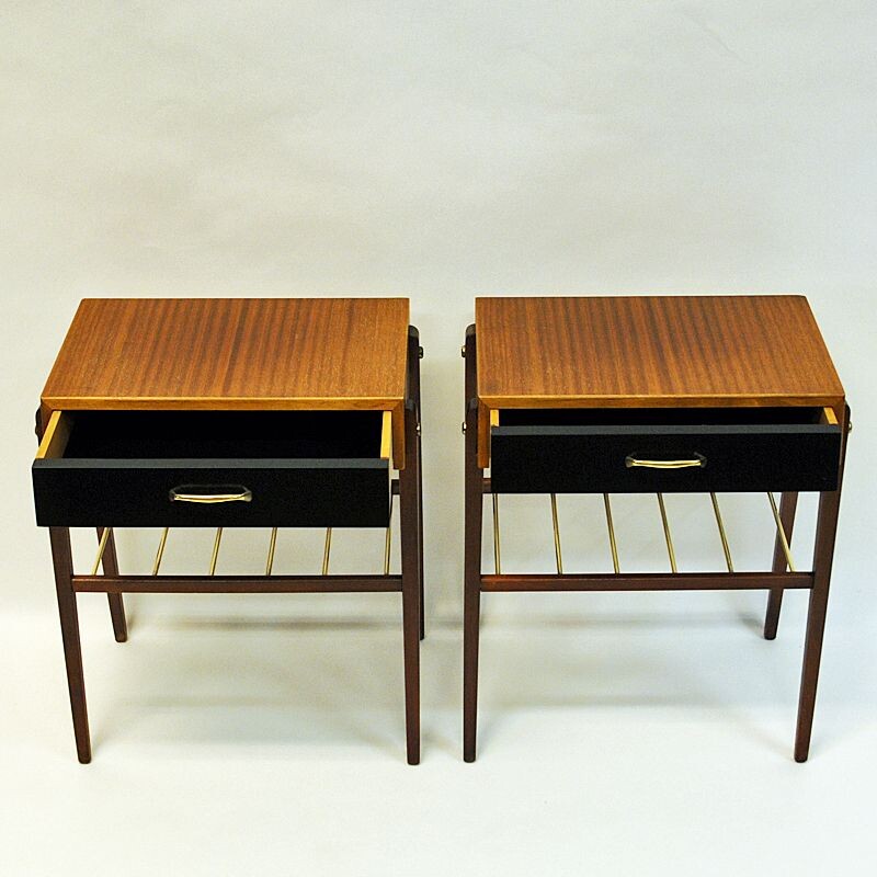 Pair of vintage teak and brass night and side tables, Sweden 1960s