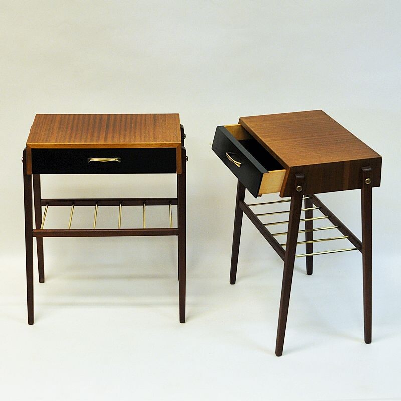 Pair of vintage teak and brass night and side tables, Sweden 1960s