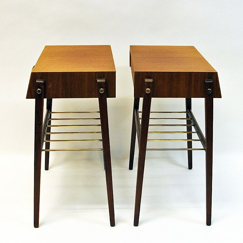 Pair of vintage teak and brass night and side tables, Sweden 1960s