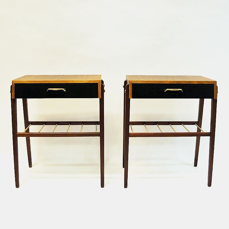 Pair of vintage teak and brass night and side tables, Sweden 1960s