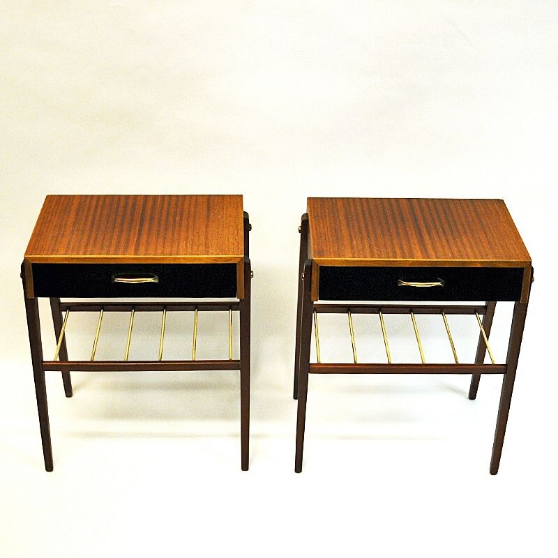 Pair of vintage teak and brass night and side tables, Sweden 1960s