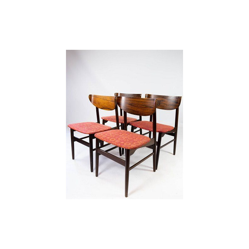 4 vintage rozenhouten stoelen bekleed met rode stof, Denemarken 1960