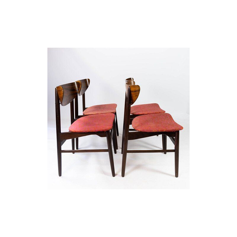 4 vintage rozenhouten stoelen bekleed met rode stof, Denemarken 1960