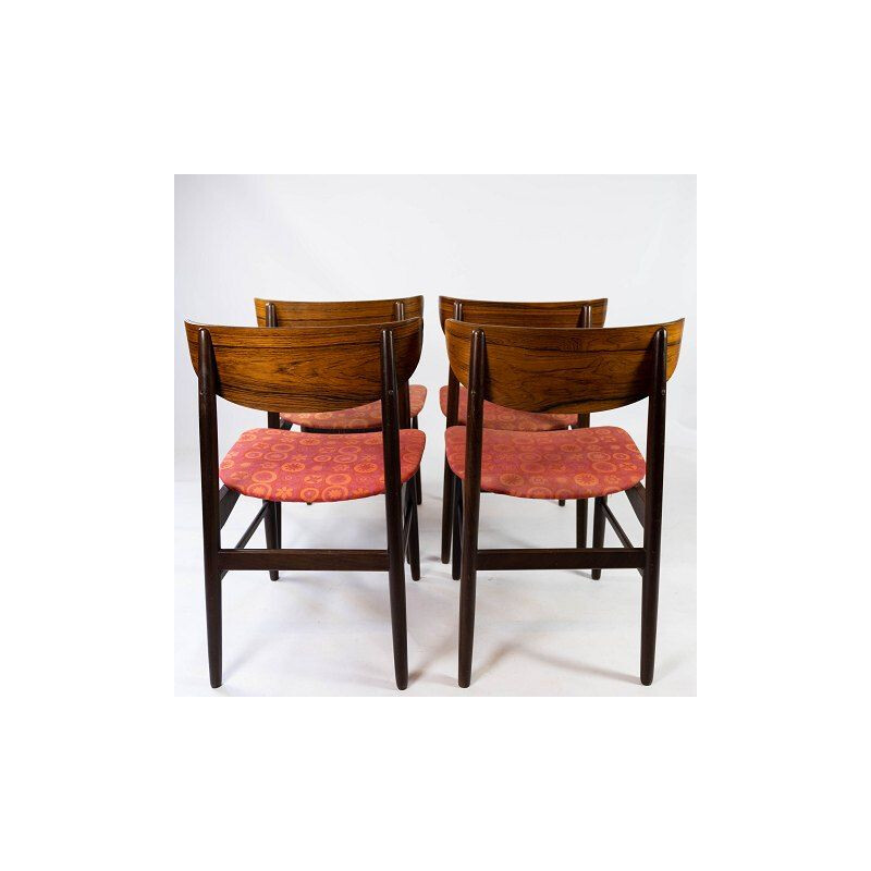4 vintage dining room chairs in rosewood and upholstered with red fabric, Denmark 1960s